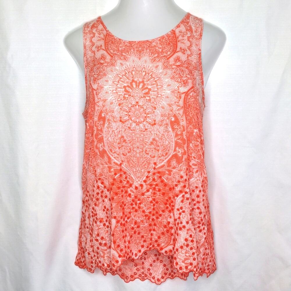 ALYA Orange Boho Mandala Eyelet Tank Cutout Scalloped Bottom Edge Size Large